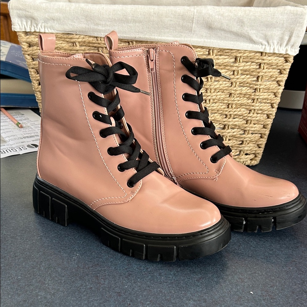 Limelight Pink Lace-Up Combat Boots with Black Lug Sole